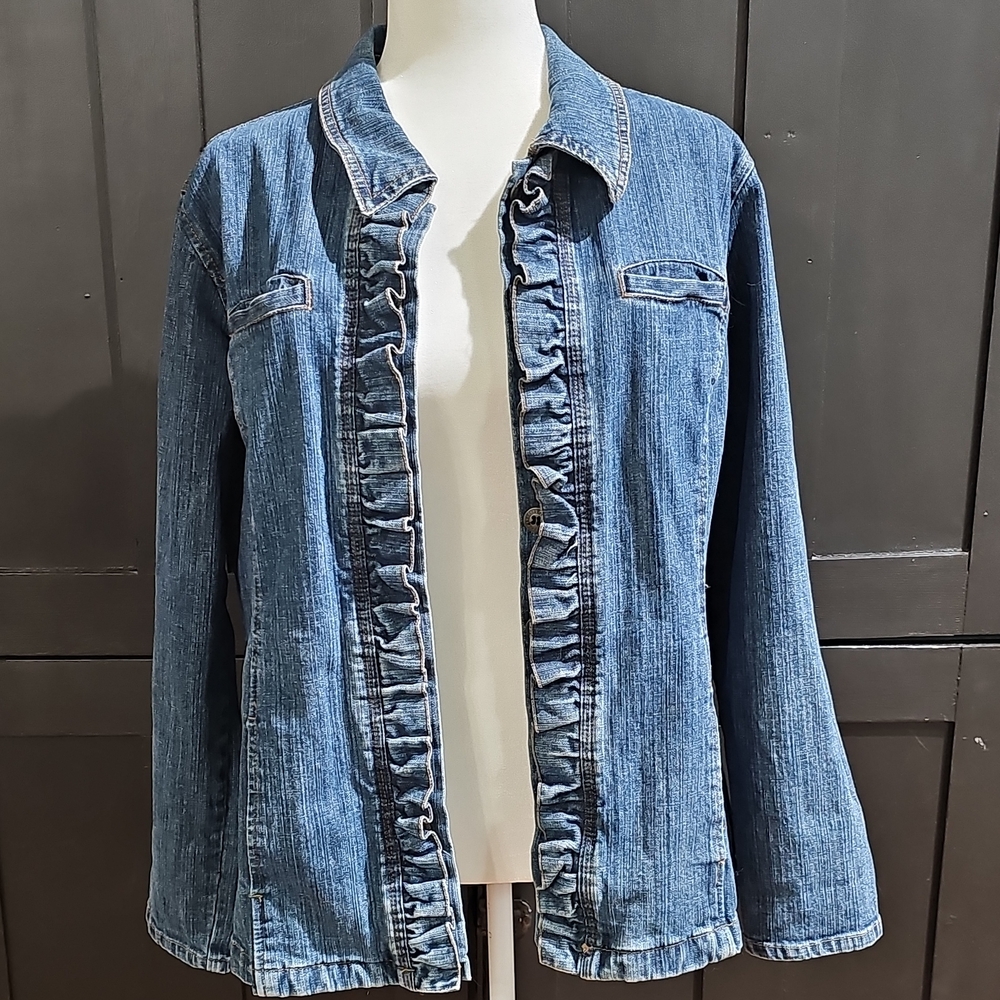 Women’s Blue Denim Ruffle-Trim Jacket - Picture 3 of 6